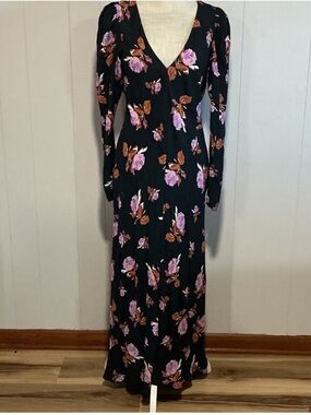 Zara Black Maxi Dress with Pink & Brown Floral Print